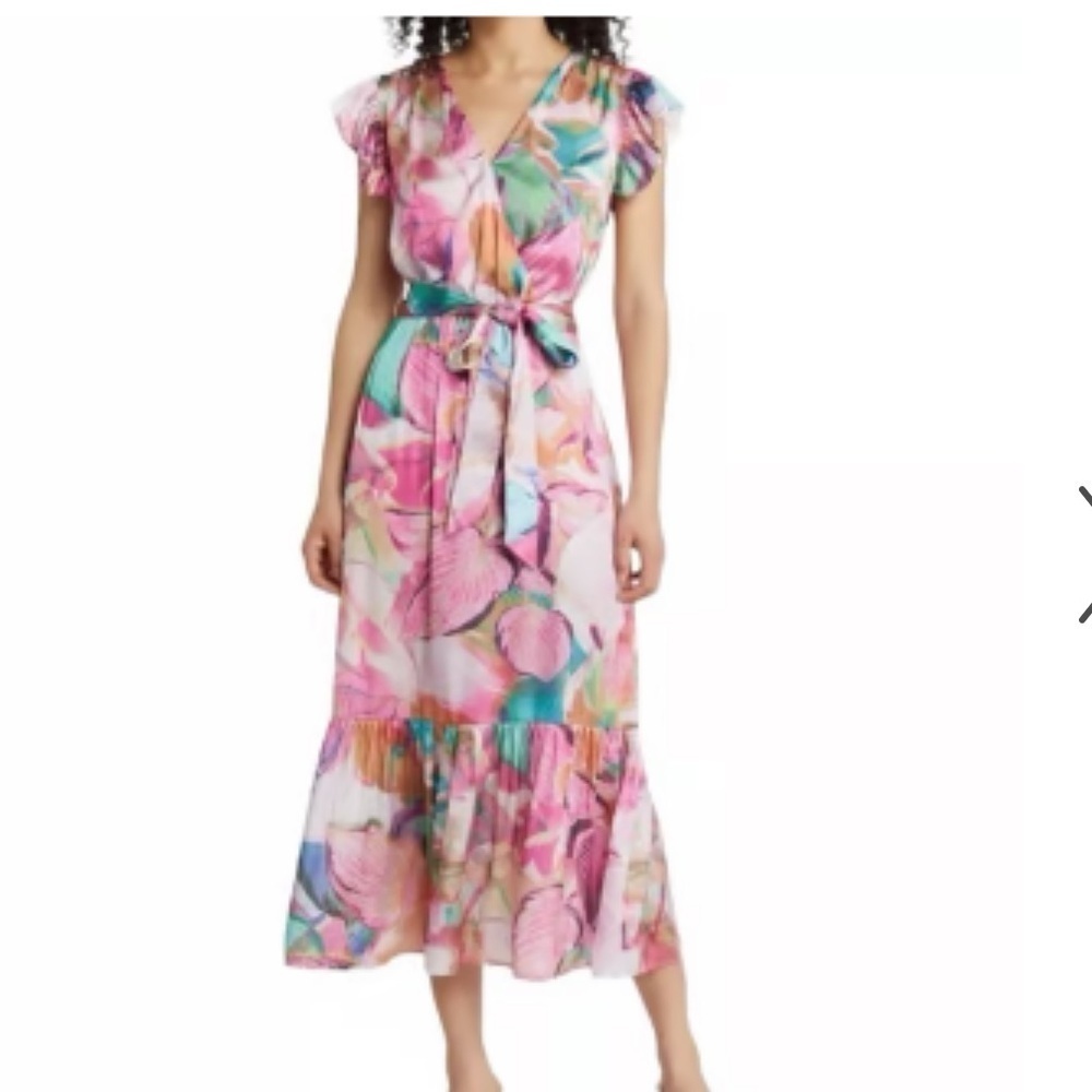 Sam‎ Edelman Women’s Colorburst Leaf Print Faux Wrap garden tea party Midi Dress